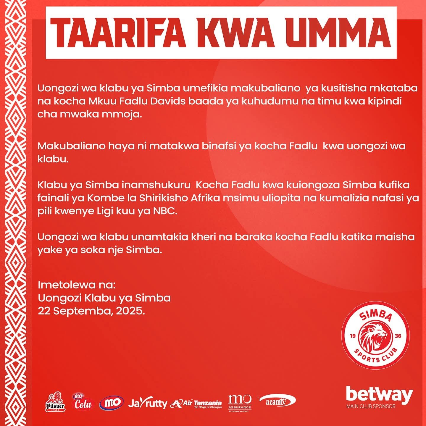 Simba Sc Yatangaza Kuachana Na Kocha Fadlu Davis-Sportsleo.co.tz