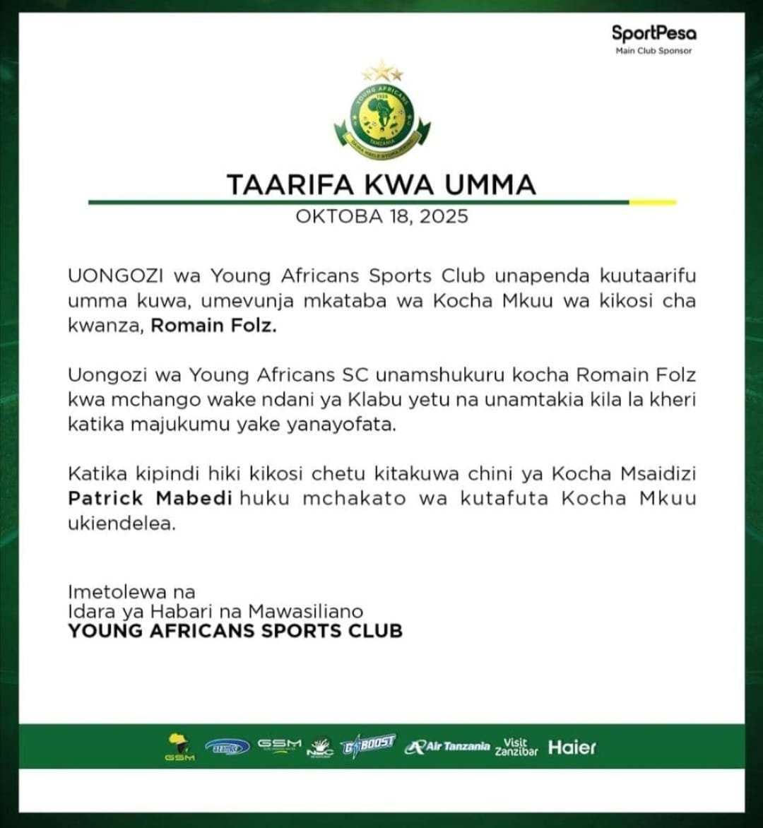 Yanga SC Yavunja Mkataba na Kocha Roman Folz Baada ya Mwenendo Duni wa Timu-www.sportsleocom