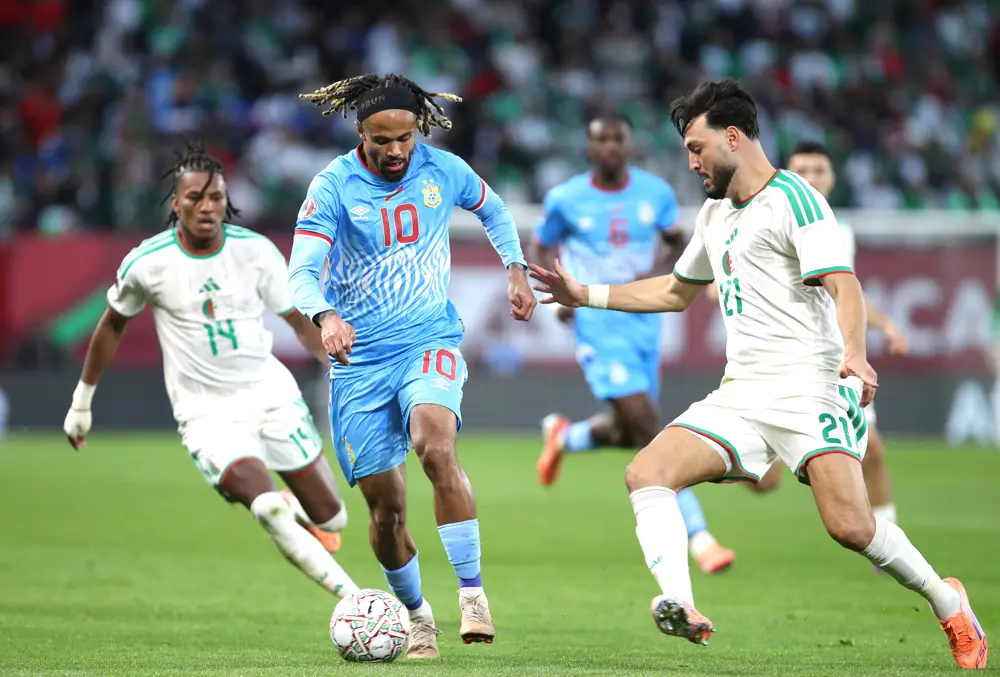 Boulbina Aipeleka Algeria Robo Fainali Afcon 2025 2 houssem eddine aouar of algeria challenges theo batombo bongonda of dr congo during the 2025 africa cup of nations afcon match between algeria and dr congo