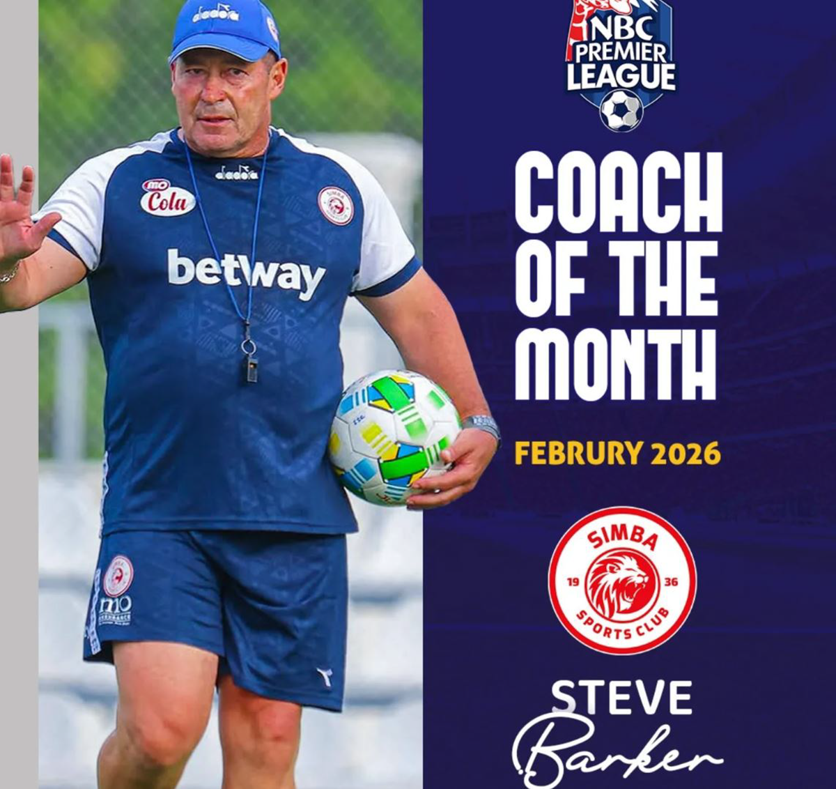 Kocha Simba SC atwaa tuzo: Steve Barker Ang’ara NBC Premier League Februari 2026