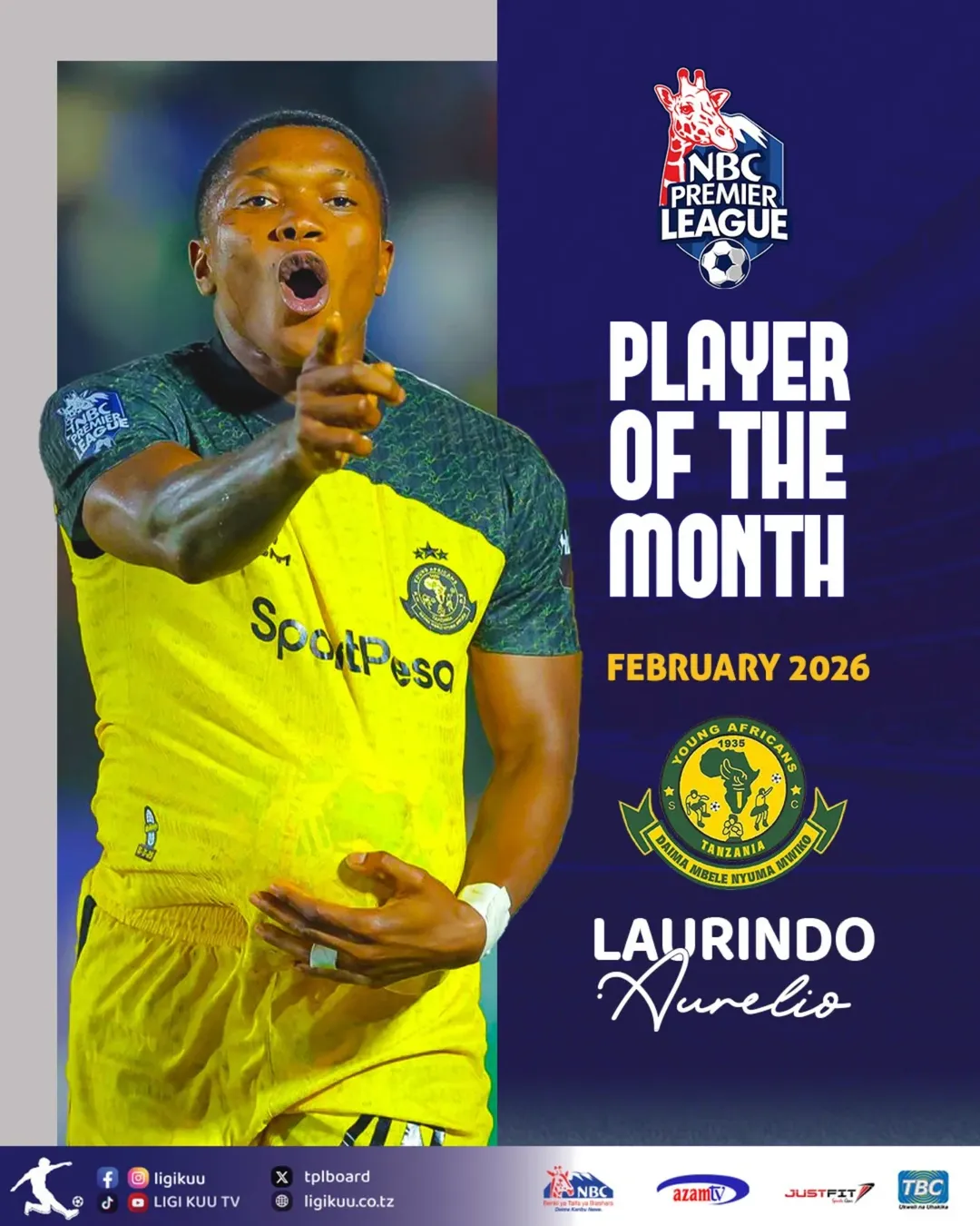 Depu Atwaa Tuzo ya Mchezaji Bora Februari NBC Premier League 2025/26 2 LAURINDO AURELIO Mchezaji Bora Ligi Kuu ya NBC Februari 2026.TuzoZaMwezi TuzoZaTFF @ligiku