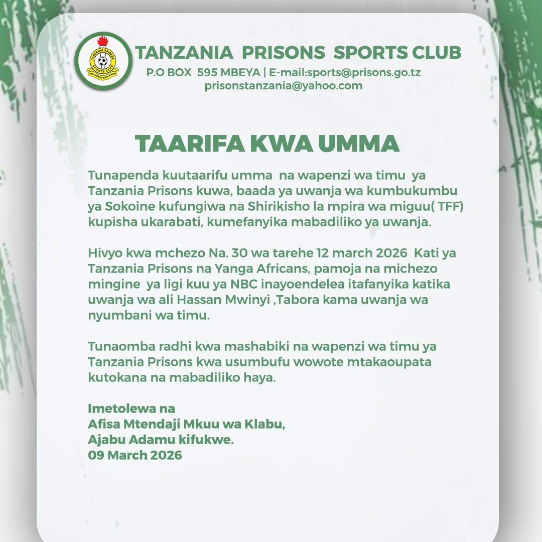 Prisons FC, Yanga SC Kukipiga Tabora Baada ya Uwanja wa Sokoine Kufungiwa 5 TAARIFA KWA UMMA@magerezatanzania @wakazitanzania @shirikalamagereza